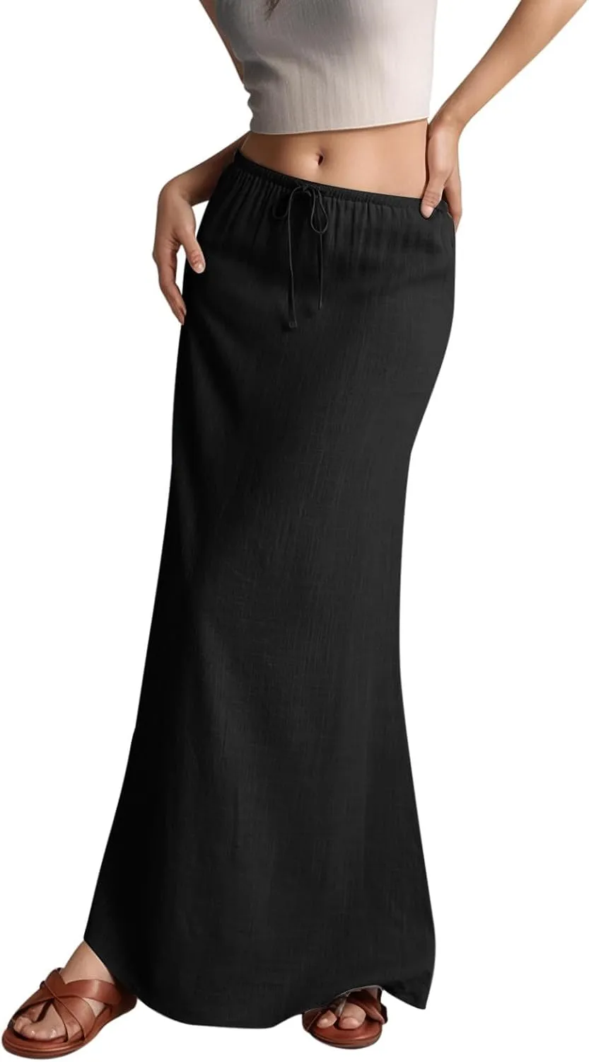 Linen Maxi Skirts for Women Summer Casual Boho Beach Vacation Flowy Long Skirts Trendy Comfy Drawstring A Line Skirts