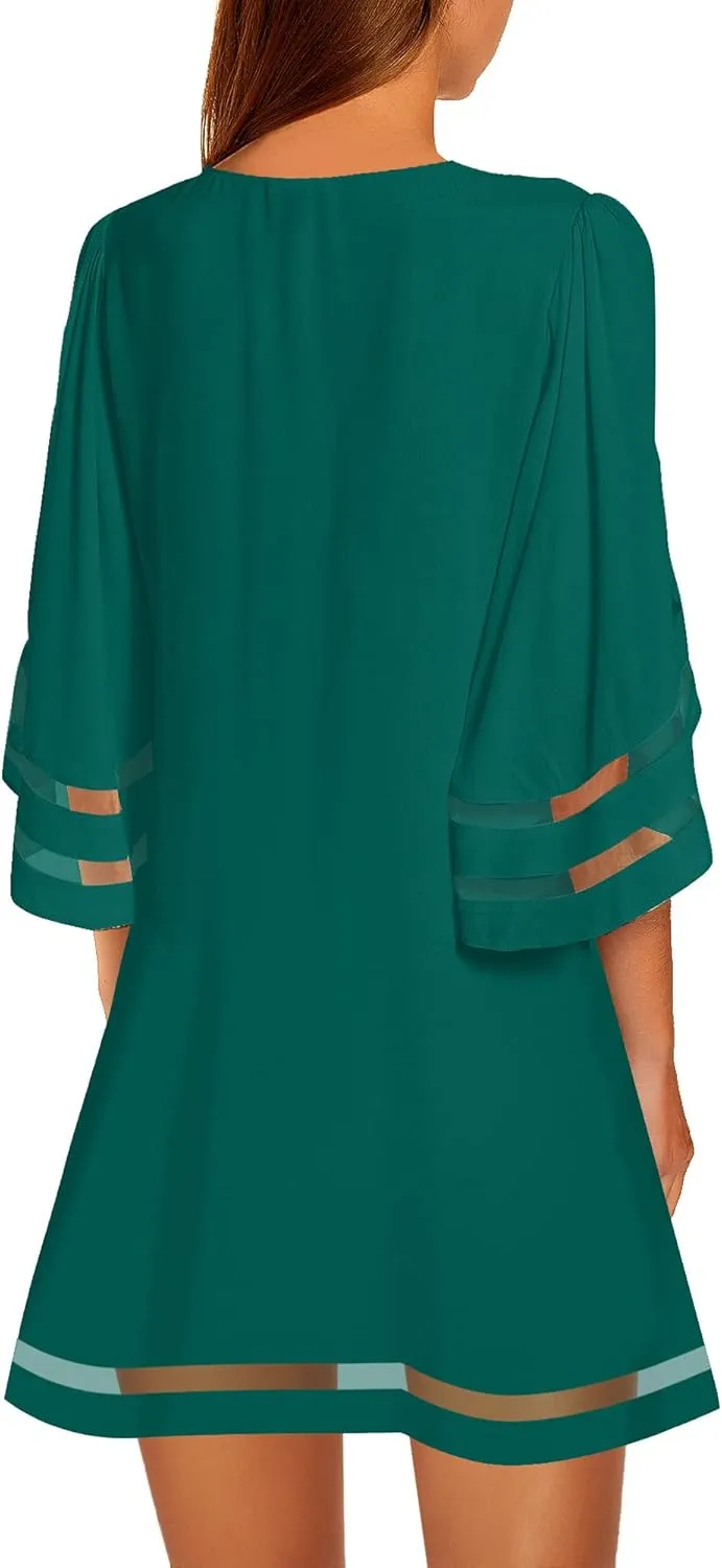 LookbookStore Women Casual Crewneck Mesh Panel 3/4 Bell Sleeve Loose Tunic Dress