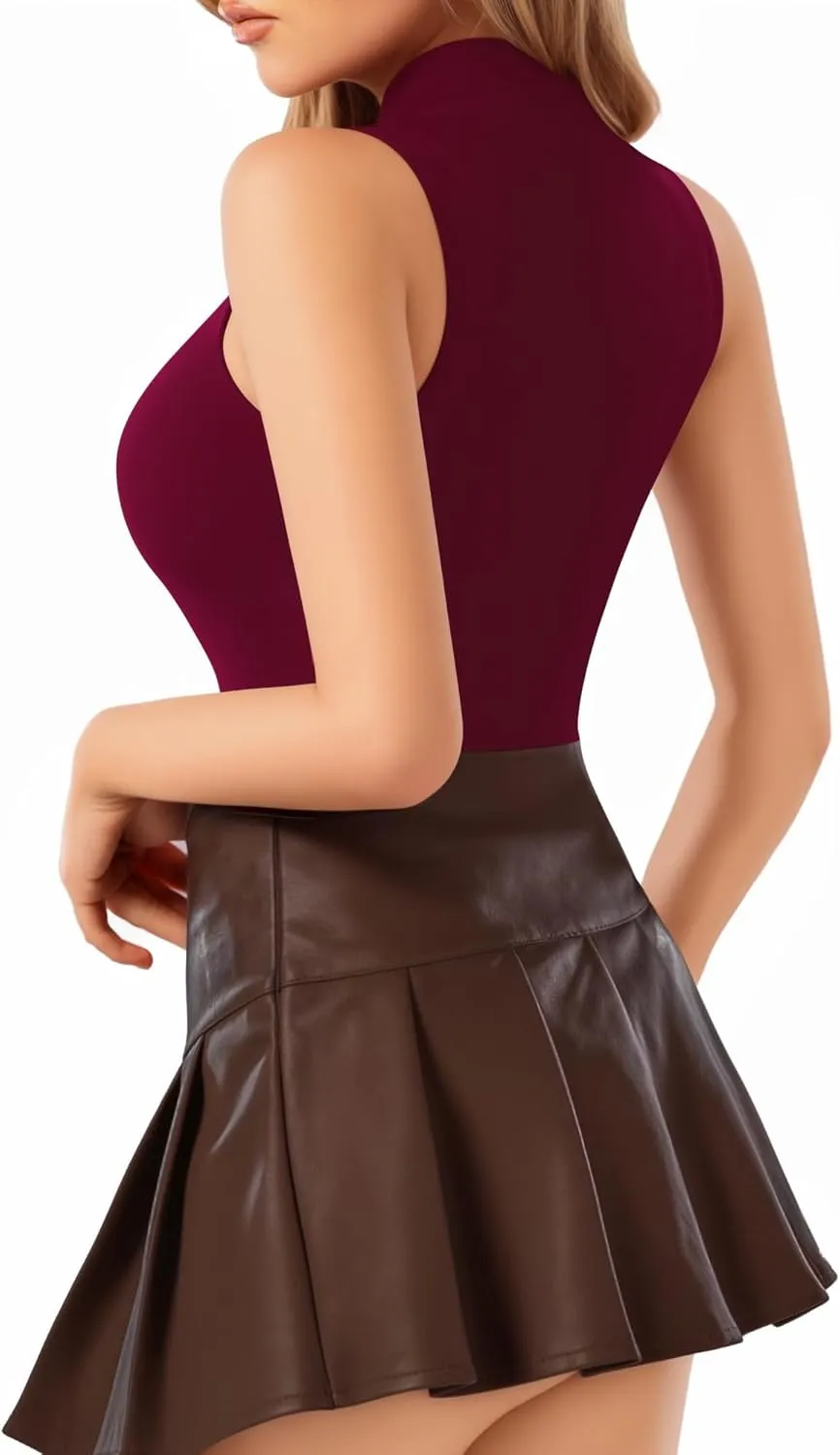 MANGOPOP Women's Mock Turtle Neck Sleeveless Tank Tops Bodysuit Leotard Clothing