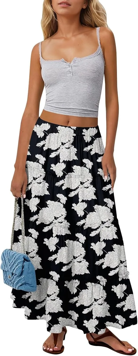 Maxi Tiered Skirts for Women 2025 Boho Floral High Elastic Waist Long Flowy Skirt A-Line Ruffle Hem Beach Cover Ups