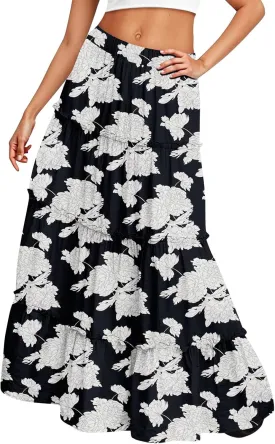 Maxi Tiered Skirts for Women 2025 Boho Floral High Elastic Waist Long Flowy Skirt A-Line Ruffle Hem Beach Cover Ups