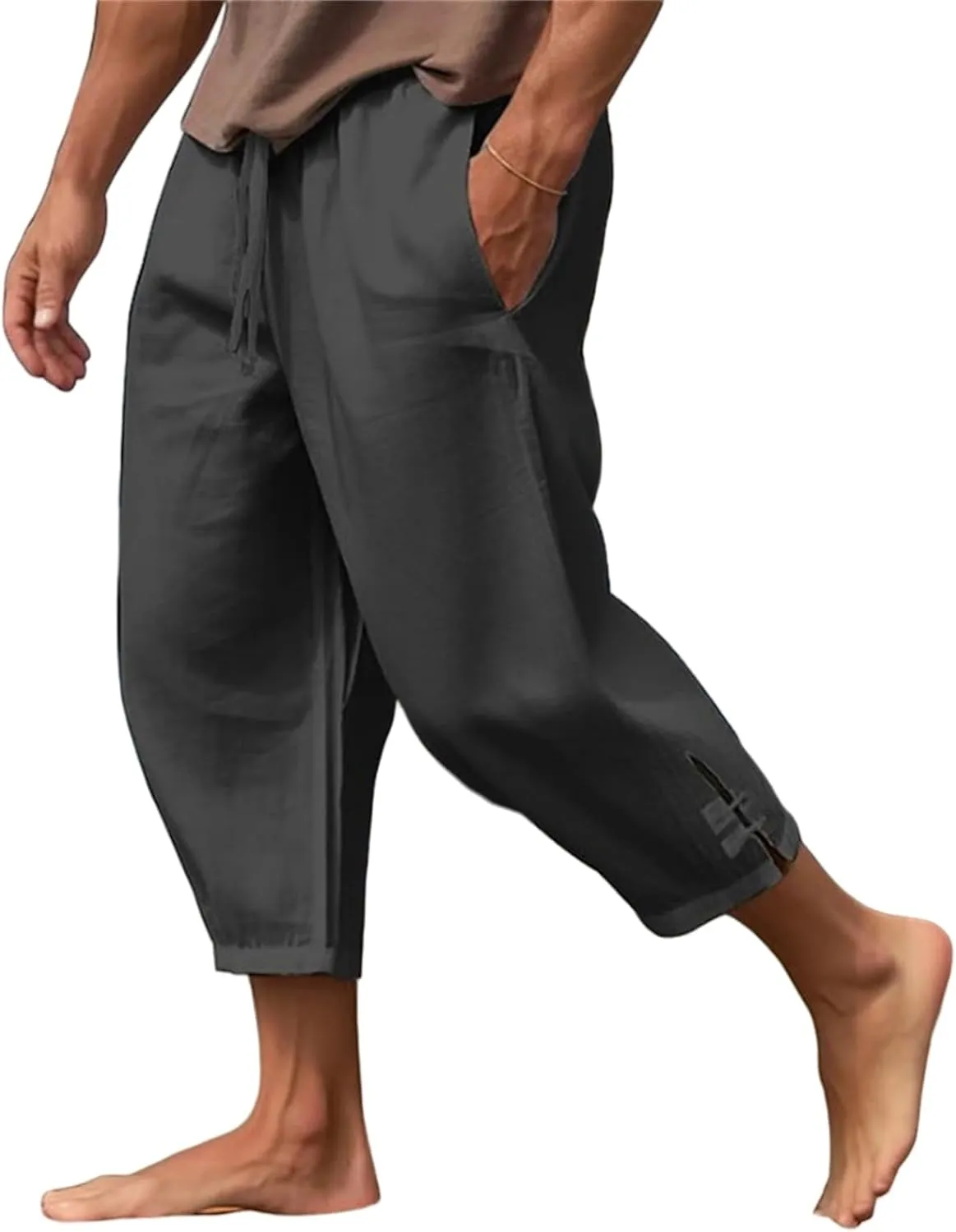 Mens 3/4 Pants Loose Elastic Waisted Lightweight Lounge Pant Drawstring Beach Summer Yoga Hippie Capri Slacks Pockets