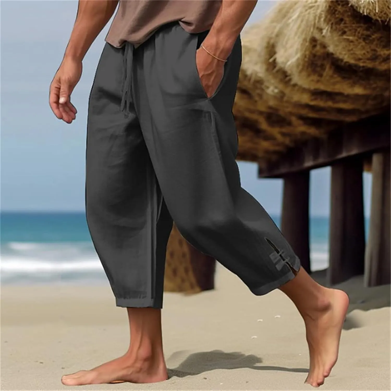 Mens 3/4 Pants Loose Elastic Waisted Lightweight Lounge Pant Drawstring Beach Summer Yoga Hippie Capri Slacks Pockets