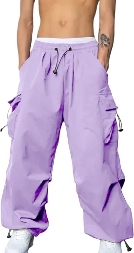 Mens Hiking Parachute Pants High Waist Drawstring Travel Pants Summer Wide Leg Comfy Athletic Trousers with Pockets