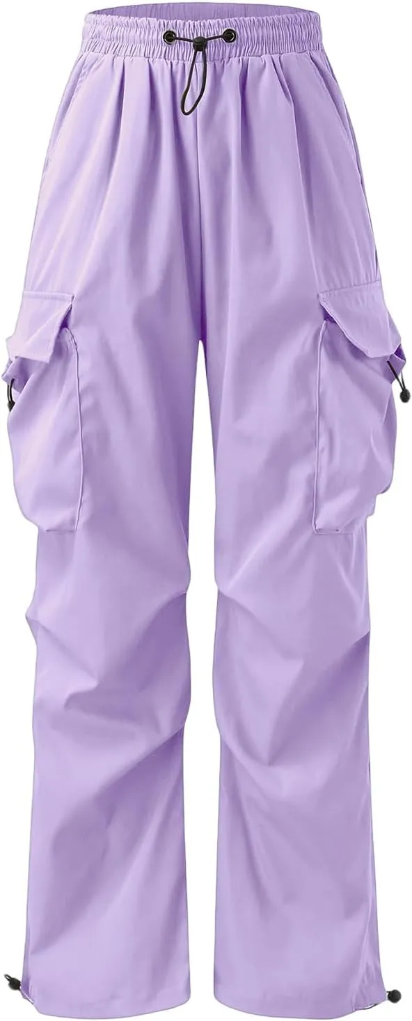 Mens Hiking Parachute Pants High Waist Drawstring Travel Pants Summer Wide Leg Comfy Athletic Trousers with Pockets