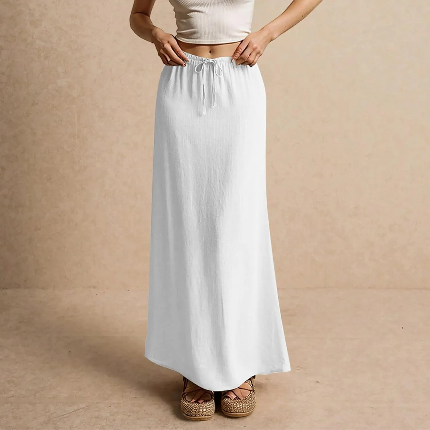 midelxp Linen Maxi Skirts for Women Trendy Summer Comfy Drawstring Waist A Line Skirts Cute Vacation Boho Long Flowy Skirts