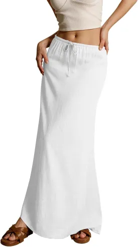 midelxp Linen Maxi Skirts for Women Trendy Summer Comfy Drawstring Waist A Line Skirts Cute Vacation Boho Long Flowy Skirts