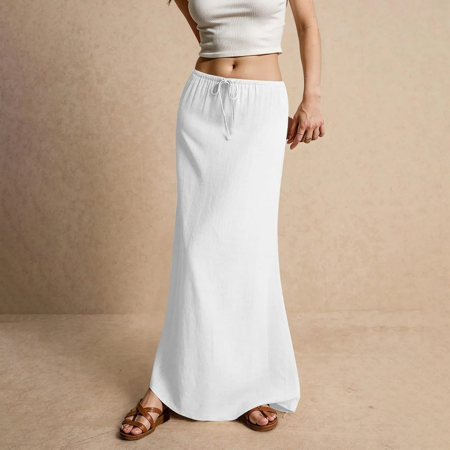 midelxp Linen Maxi Skirts for Women Trendy Summer Comfy Drawstring Waist A Line Skirts Cute Vacation Boho Long Flowy Skirts