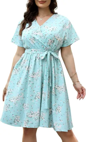 Nemidor Womens Casual Plus Size Summer Boho Swing Wrap Dress Floral Print with Pockets NEM295
