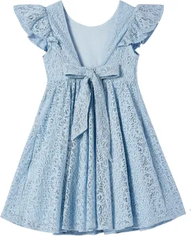 Niyage Backless Toddler Dress Open Back Girls Lace Bow Tie-Back Pom Pom Flutter Sleeves Party Princess Dresses
