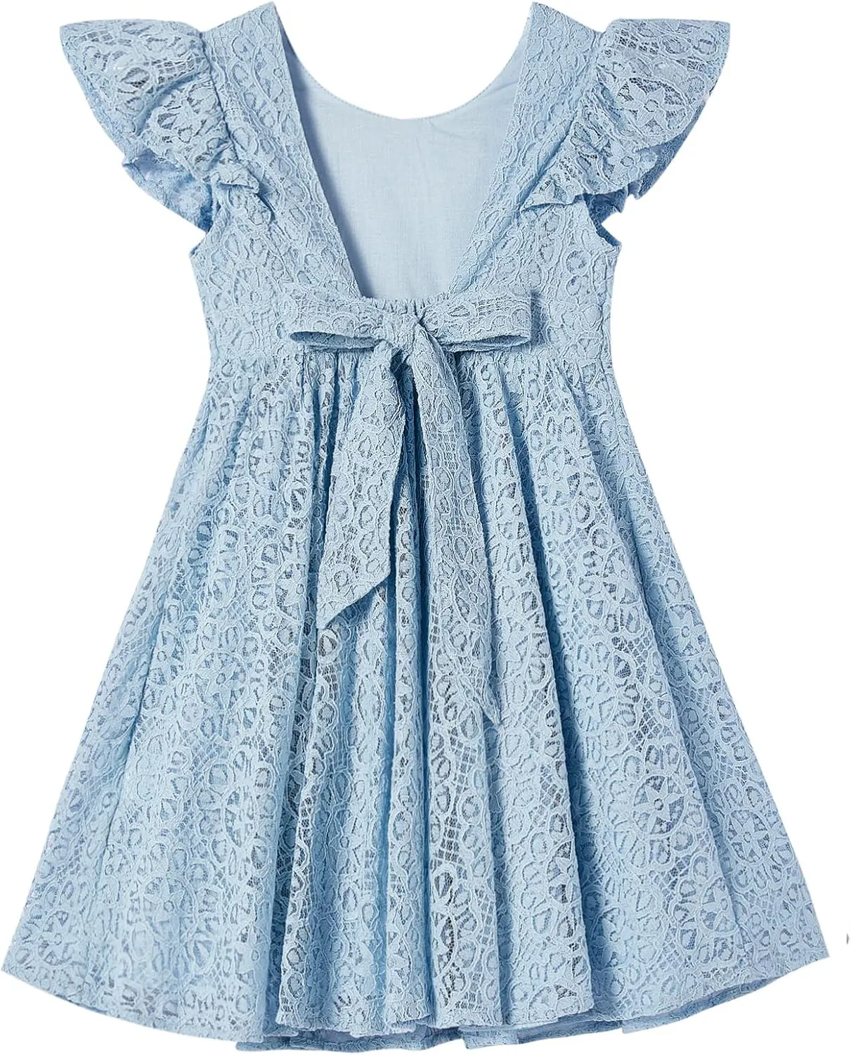 Niyage Backless Toddler Dress Open Back Girls Lace Bow Tie-Back Pom Pom Flutter Sleeves Party Princess Dresses