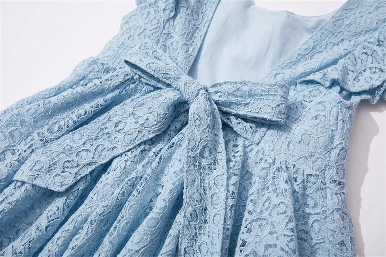 Niyage Backless Toddler Dress Open Back Girls Lace Bow Tie-Back Pom Pom Flutter Sleeves Party Princess Dresses