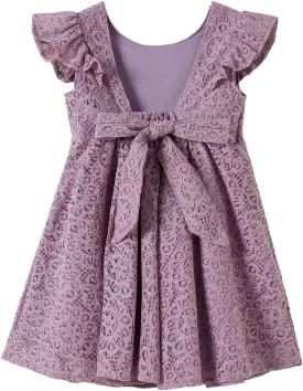 Niyage Backless Toddler Dress Open Back Girls Lace Bow Tie-Back Pom Pom Flutter Sleeves Party Princess Dresses