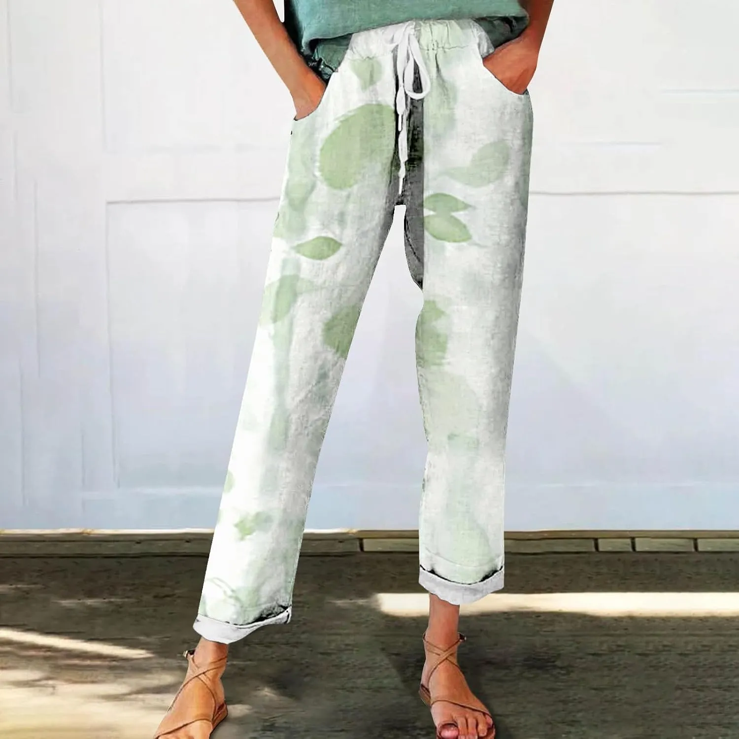 Outfits for Women Summer Wide Leg Pants Drawstring Elastic Waist Pants High Waisted Pants Casual Beach Trousers