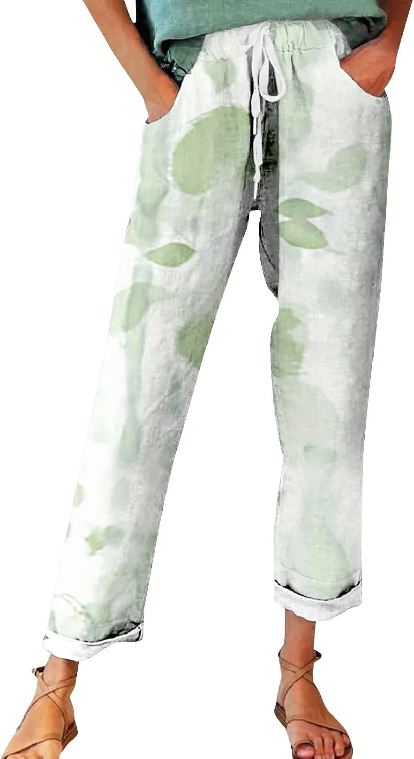 Outfits for Women Summer Wide Leg Pants Drawstring Elastic Waist Pants High Waisted Pants Casual Beach Trousers