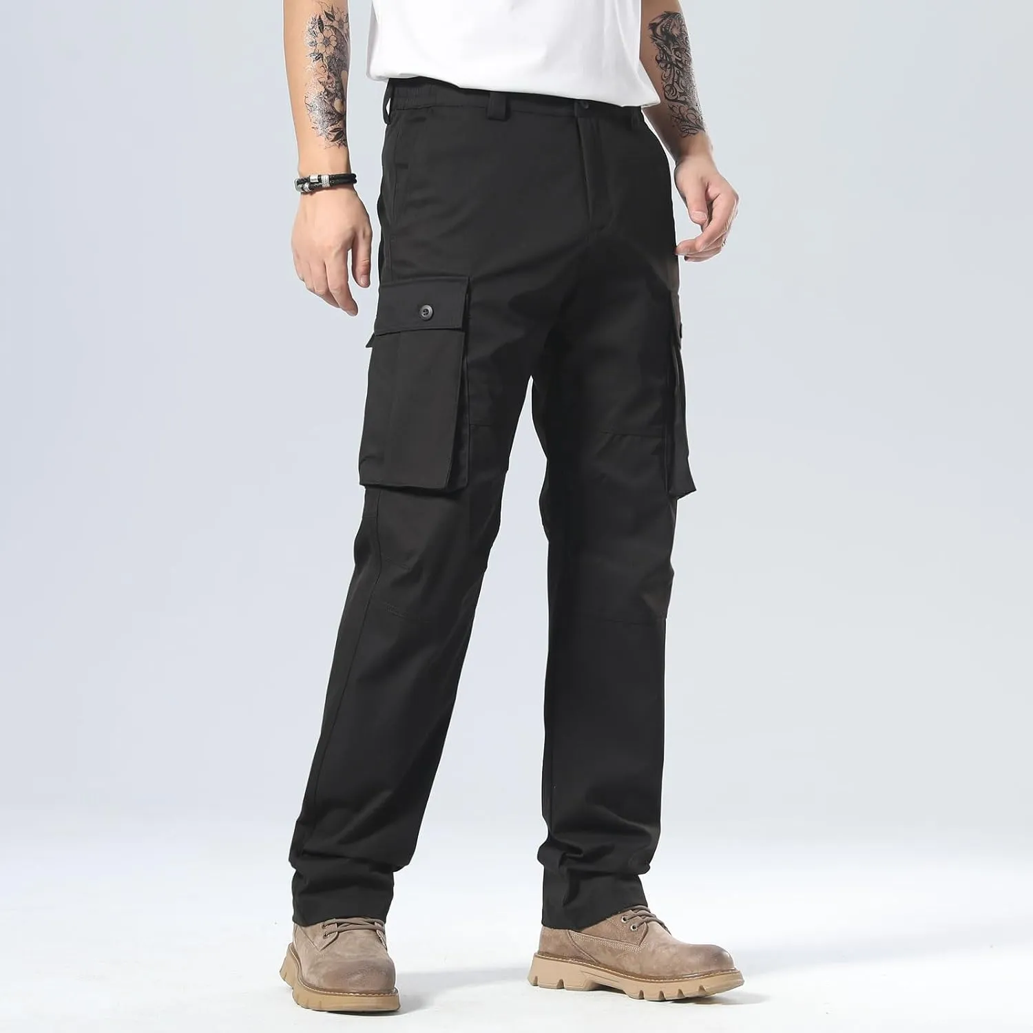 Plaid&Plain Men's Cargo Pants Loose Straight Fit with Multi-Pocket and Oversized Belt Loops