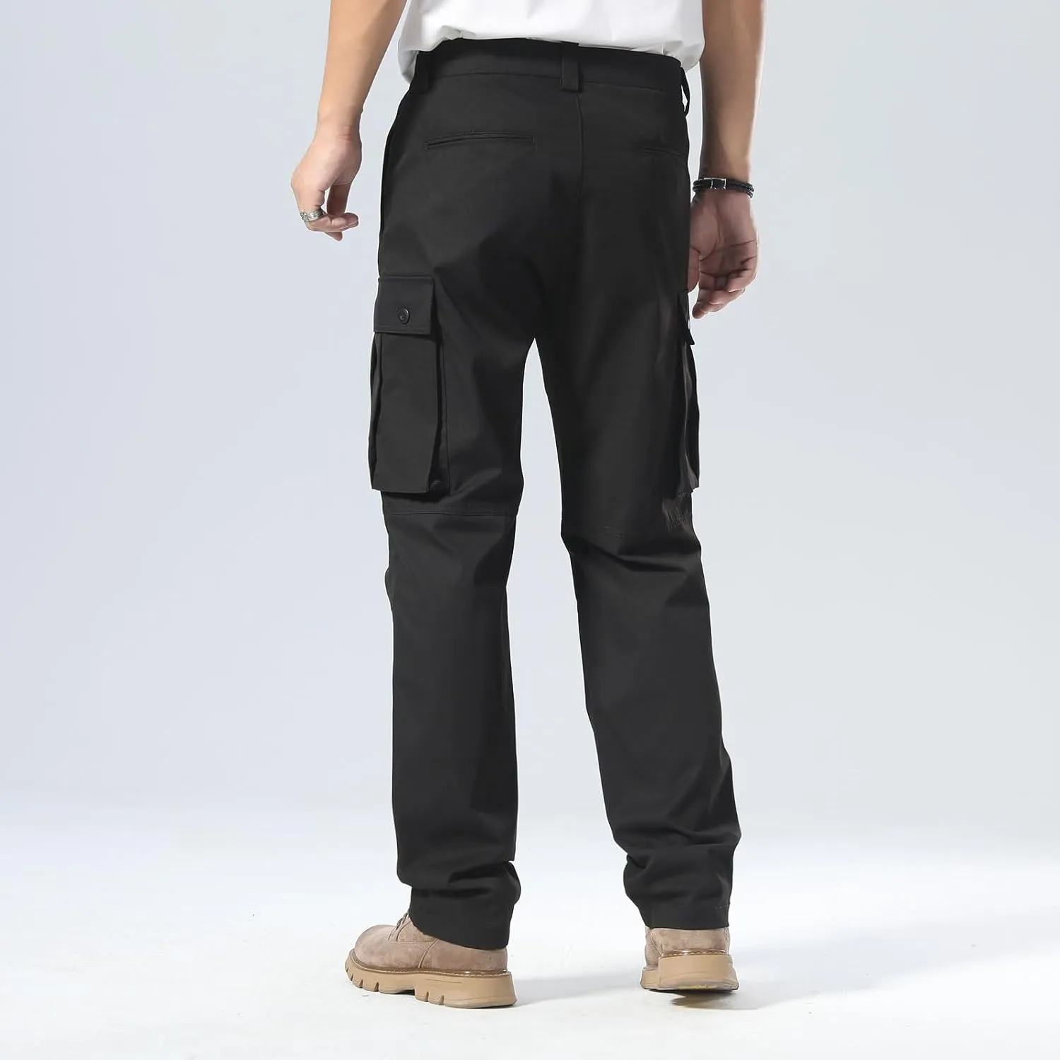 Plaid&Plain Men's Cargo Pants Loose Straight Fit with Multi-Pocket and Oversized Belt Loops