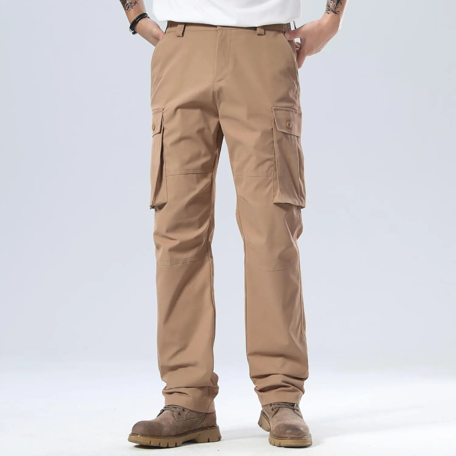 Plaid&Plain Men's Cargo Pants Loose Straight Fit with Multi-Pocket and Oversized Belt Loops