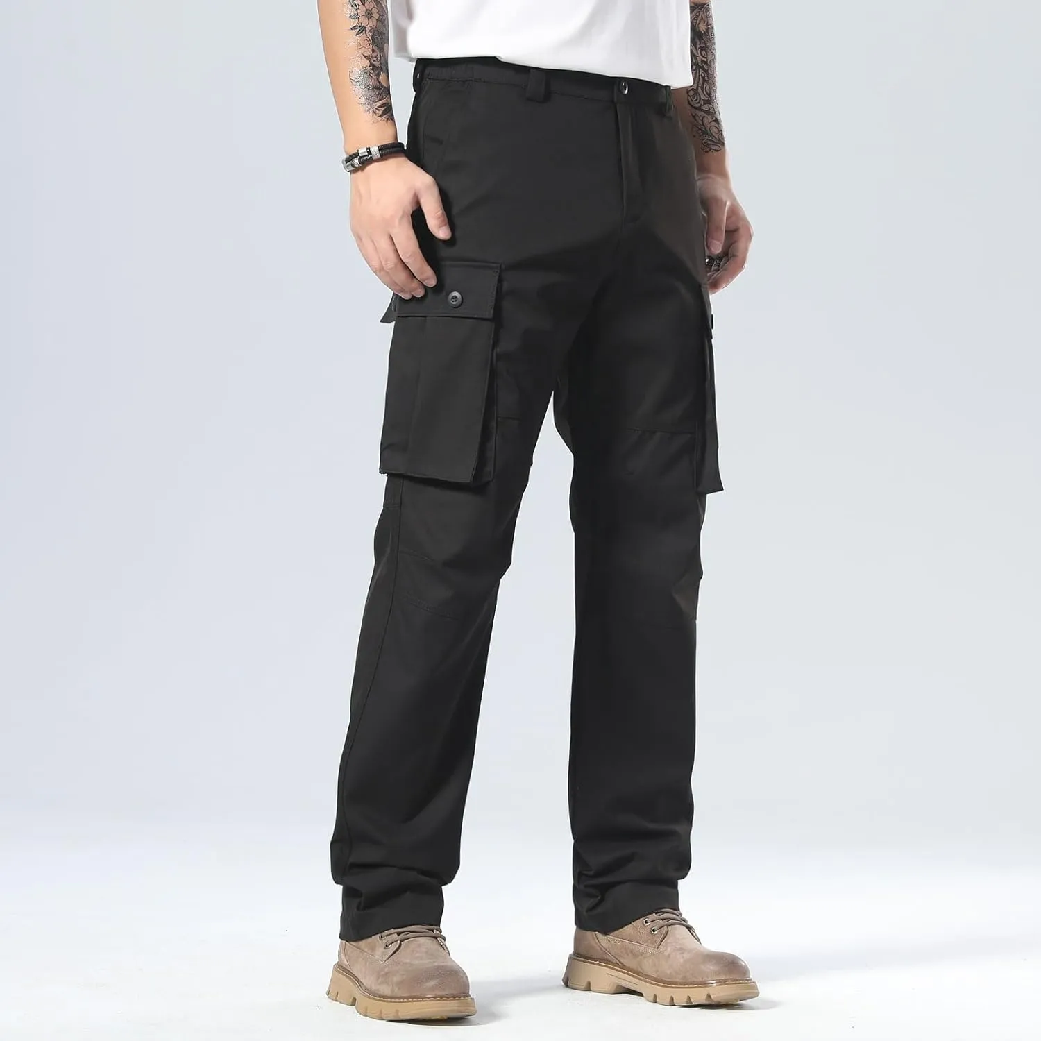 Plaid&Plain Men's Cargo Pants Loose Straight Fit with Multi-Pocket and Oversized Belt Loops