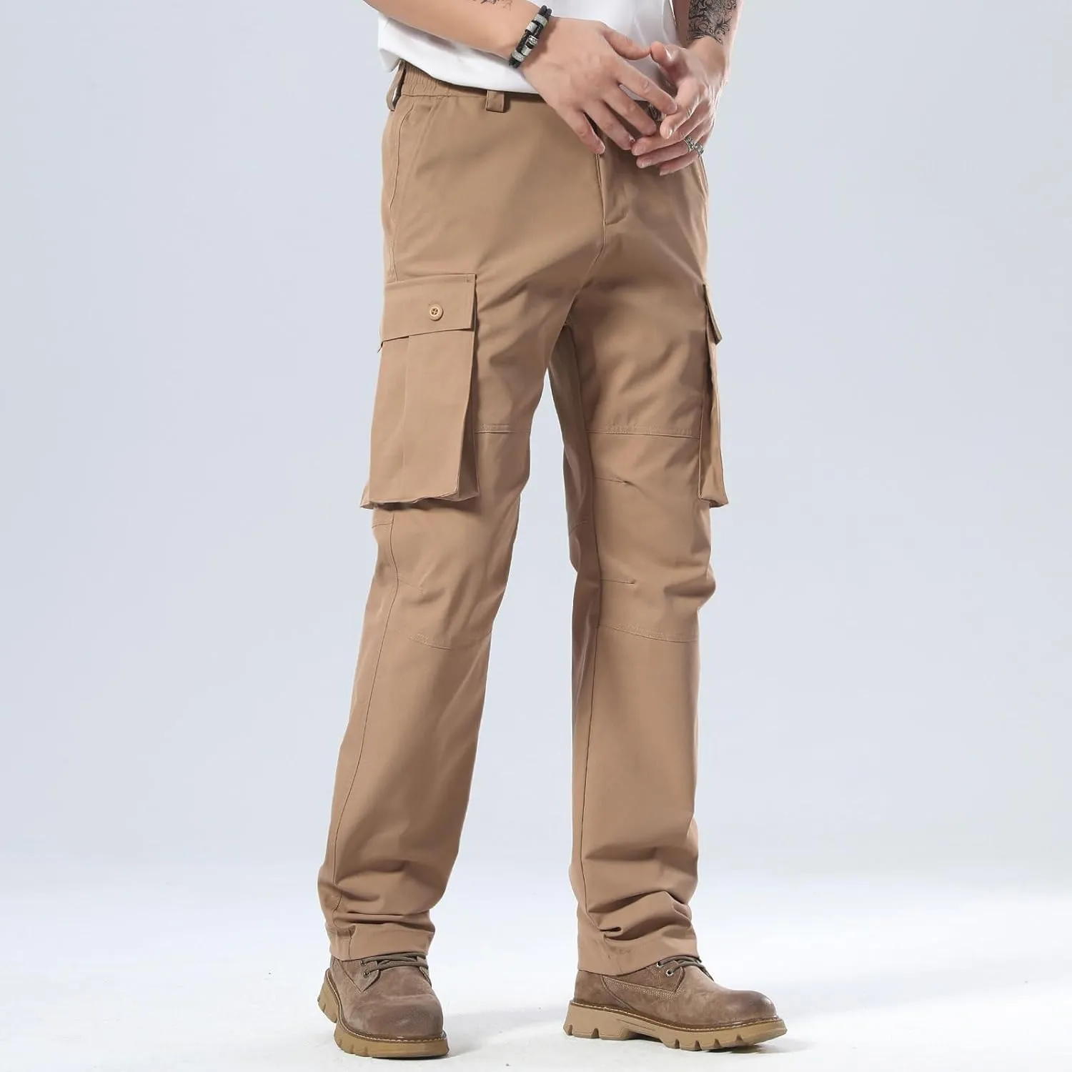 Plaid&Plain Men's Cargo Pants Loose Straight Fit with Multi-Pocket and Oversized Belt Loops