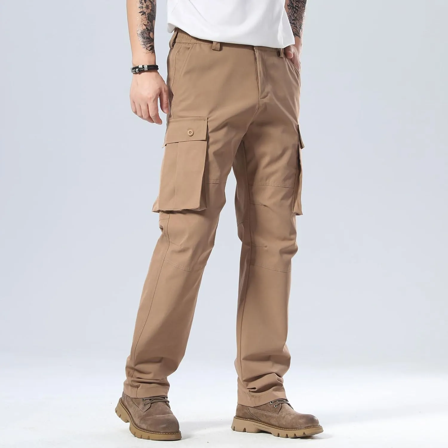 Plaid&Plain Men's Cargo Pants Loose Straight Fit with Multi-Pocket and Oversized Belt Loops