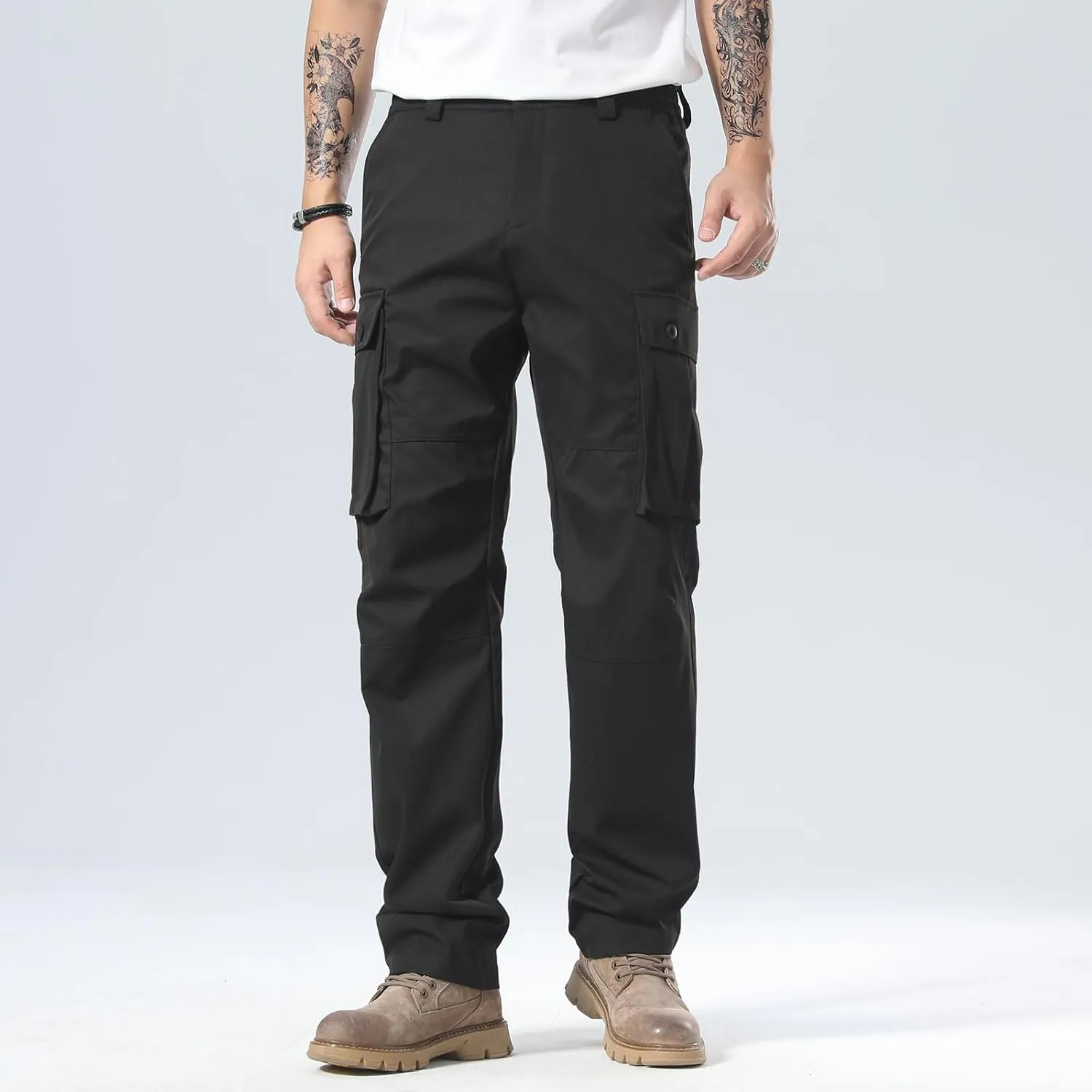 Plaid&Plain Men's Cargo Pants Loose Straight Fit with Multi-Pocket and Oversized Belt Loops