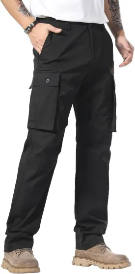 Plaid&Plain Men's Cargo Pants Loose Straight Fit with Multi-Pocket and Oversized Belt Loops