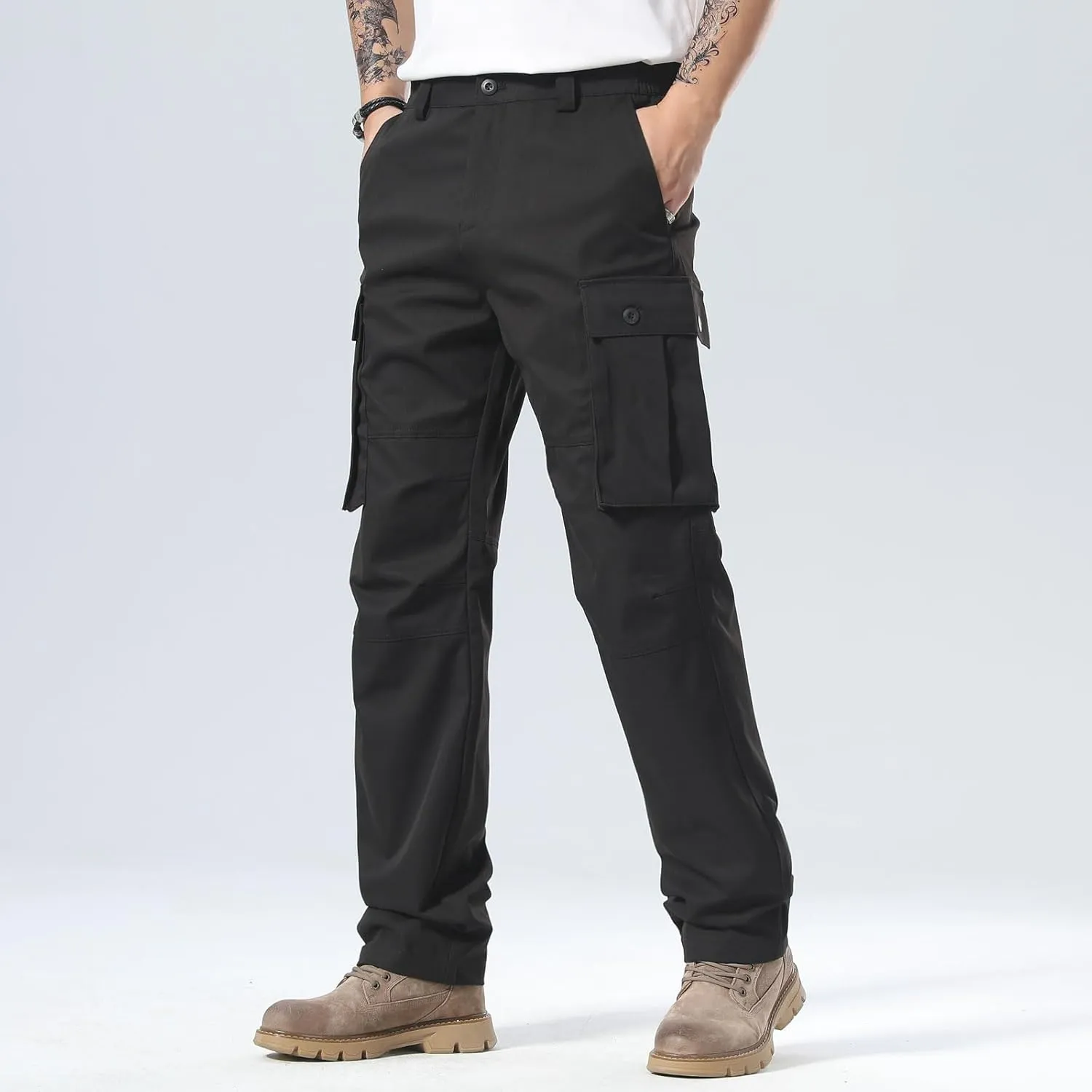 Plaid&Plain Men's Cargo Pants Loose Straight Fit with Multi-Pocket and Oversized Belt Loops