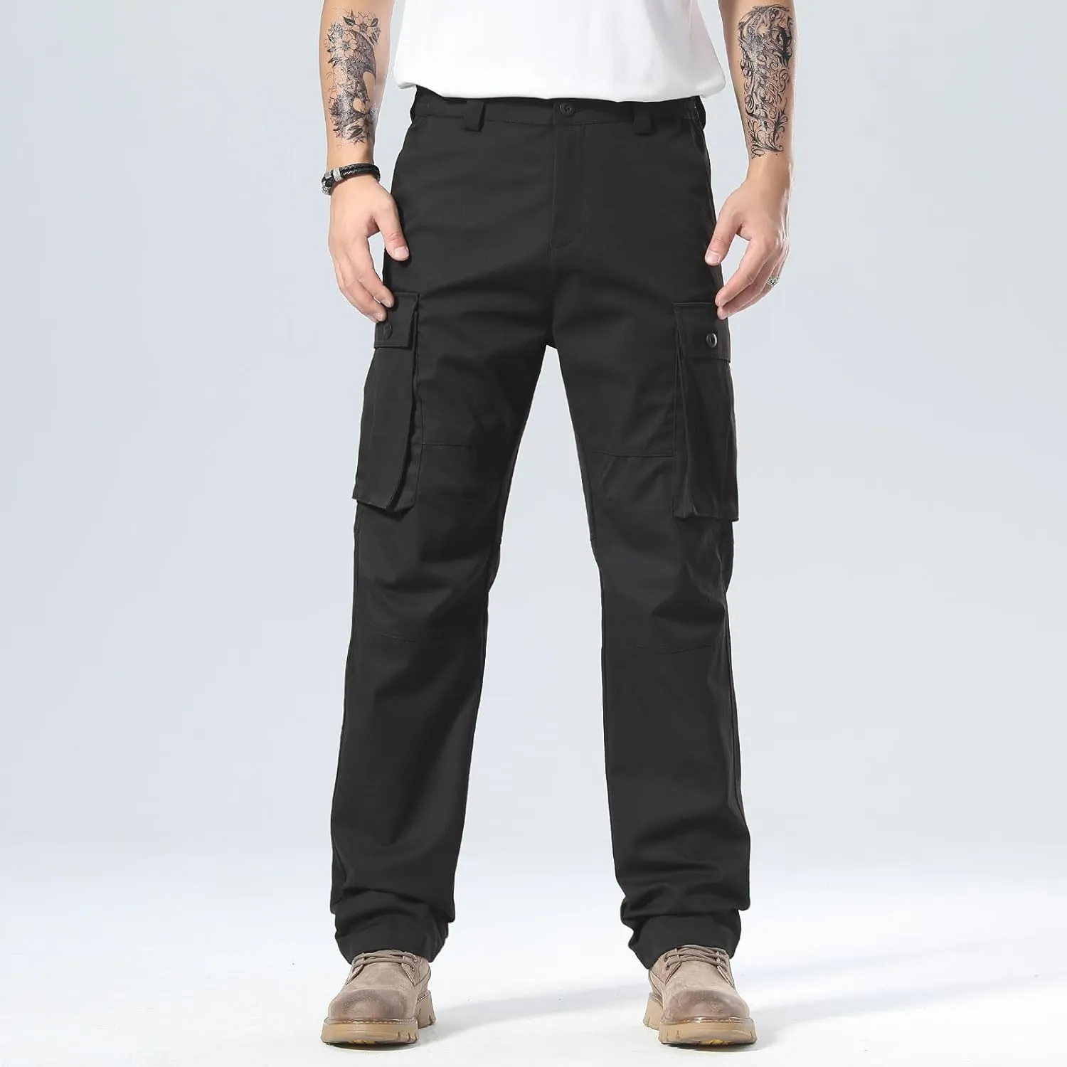 Plaid&Plain Men's Cargo Pants Loose Straight Fit with Multi-Pocket and Oversized Belt Loops