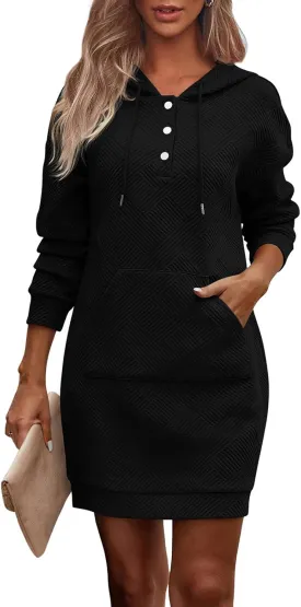 PRETTYGARDEN Long Sleeve Hoodies Dress 2024 Fall Trendy Texture Sweatshirts Outfits Button Hooded Winter Dresses with Pockets