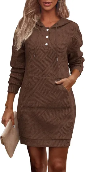 PRETTYGARDEN Long Sleeve Hoodies Dress 2024 Fall Trendy Texture Sweatshirts Outfits Button Hooded Winter Dresses with Pockets