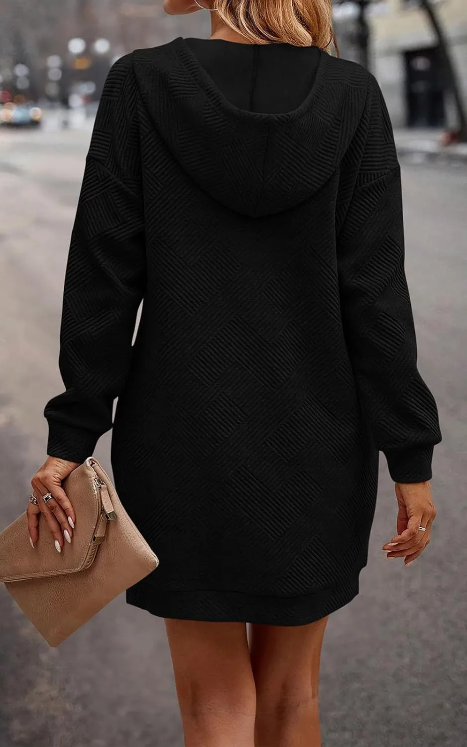 PRETTYGARDEN Long Sleeve Hoodies Dress 2024 Fall Trendy Texture Sweatshirts Outfits Button Hooded Winter Dresses with Pockets