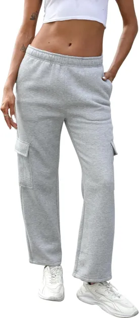 QIBABU Womens Fleece Cargo Sweatpants Casual Baggy Wide Leg Jogger Pants Athletic Open Bottom with Pockets