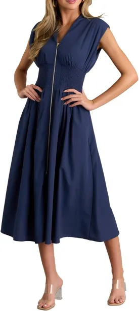 ROYLAMP Womens Summer Casual Dress Vintage Cocktail Wrap & Shape Dress V Neck Zipper Front Flowy Midi Dress with Pockets