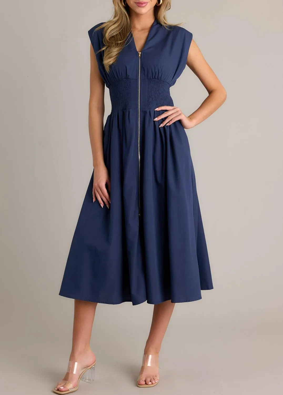 ROYLAMP Womens Summer Casual Dress Vintage Cocktail Wrap & Shape Dress V Neck Zipper Front Flowy Midi Dress with Pockets