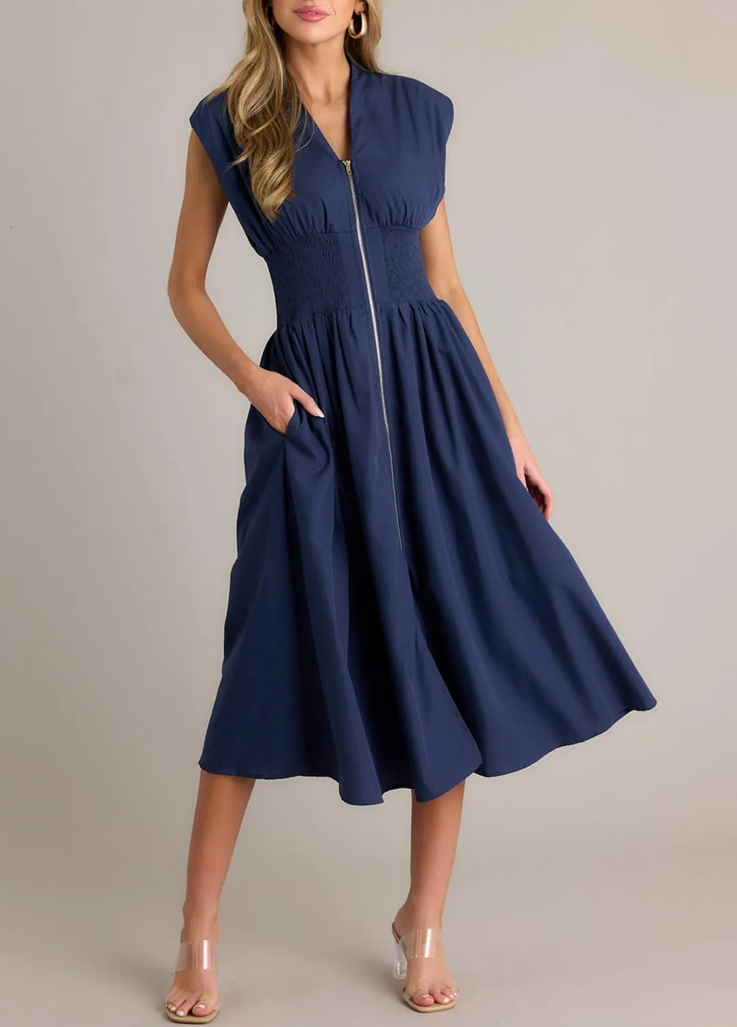 ROYLAMP Womens Summer Casual Dress Vintage Cocktail Wrap & Shape Dress V Neck Zipper Front Flowy Midi Dress with Pockets