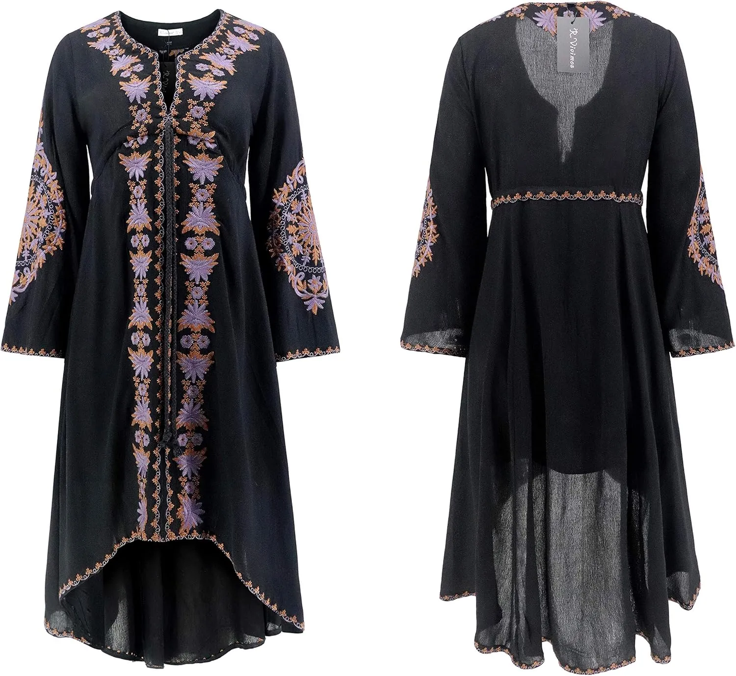 R.Vivimos Womens V Neck Bell Sleeve Vintage Floral Embroidered High Low Long Dresses