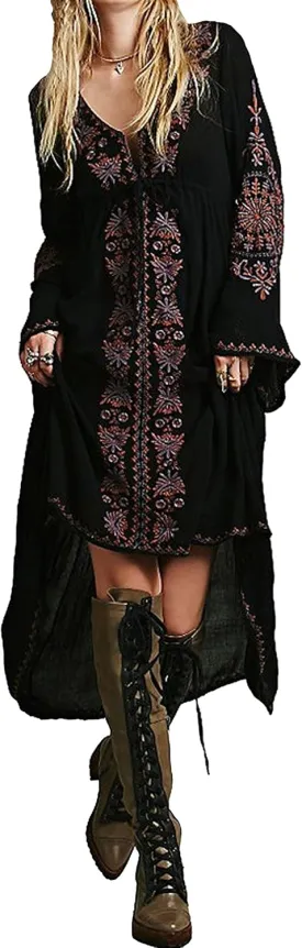 R.Vivimos Womens V Neck Bell Sleeve Vintage Floral Embroidered High Low Long Dresses