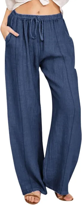 SHAOBGE Cotton Linen Pants for Women Summer Wide Leg Casual Loose Drawstring High Waist Palazzo Pants Trousers with Pockets