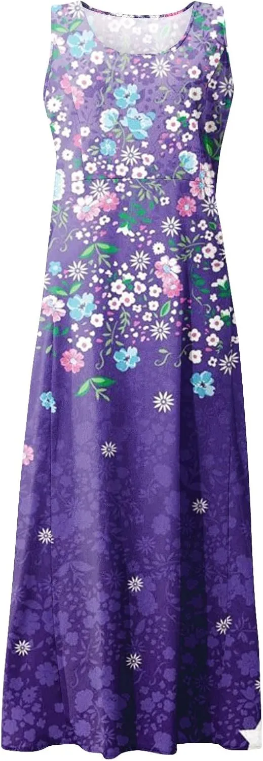 Sleeveless Dresses for Womens 2024 Beach Cotton Linen Floral Printed Dresses with Pockets Casual Flowy Long Dress