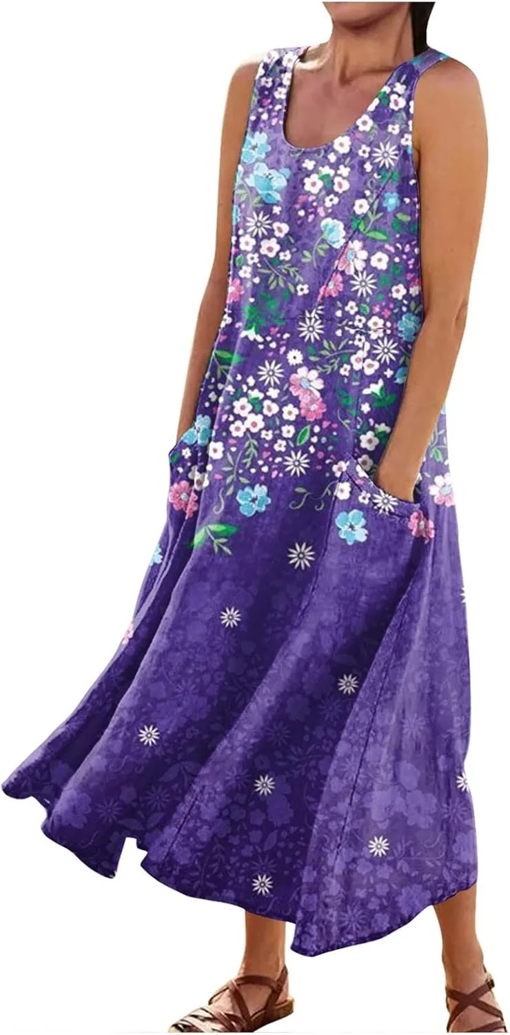 Sleeveless Dresses for Womens 2024 Beach Cotton Linen Floral Printed Dresses with Pockets Casual Flowy Long Dress