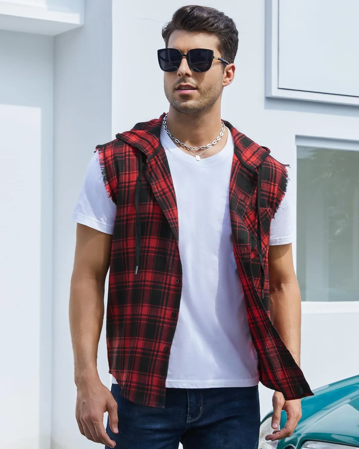 Sleeveless Plaid Vest Hoodies for Men,Cowboy Button Down Shirts