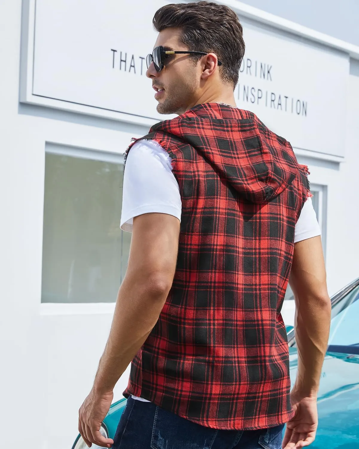 Sleeveless Plaid Vest Hoodies for Men,Cowboy Button Down Shirts