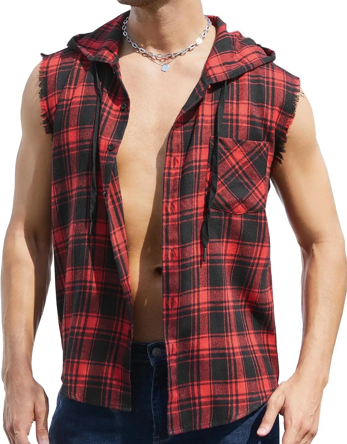 Sleeveless Plaid Vest Hoodies for Men,Cowboy Button Down Shirts