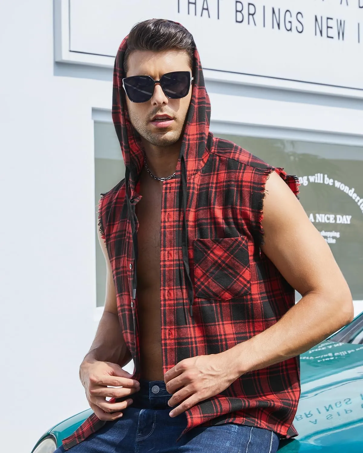 Sleeveless Plaid Vest Hoodies for Men,Cowboy Button Down Shirts