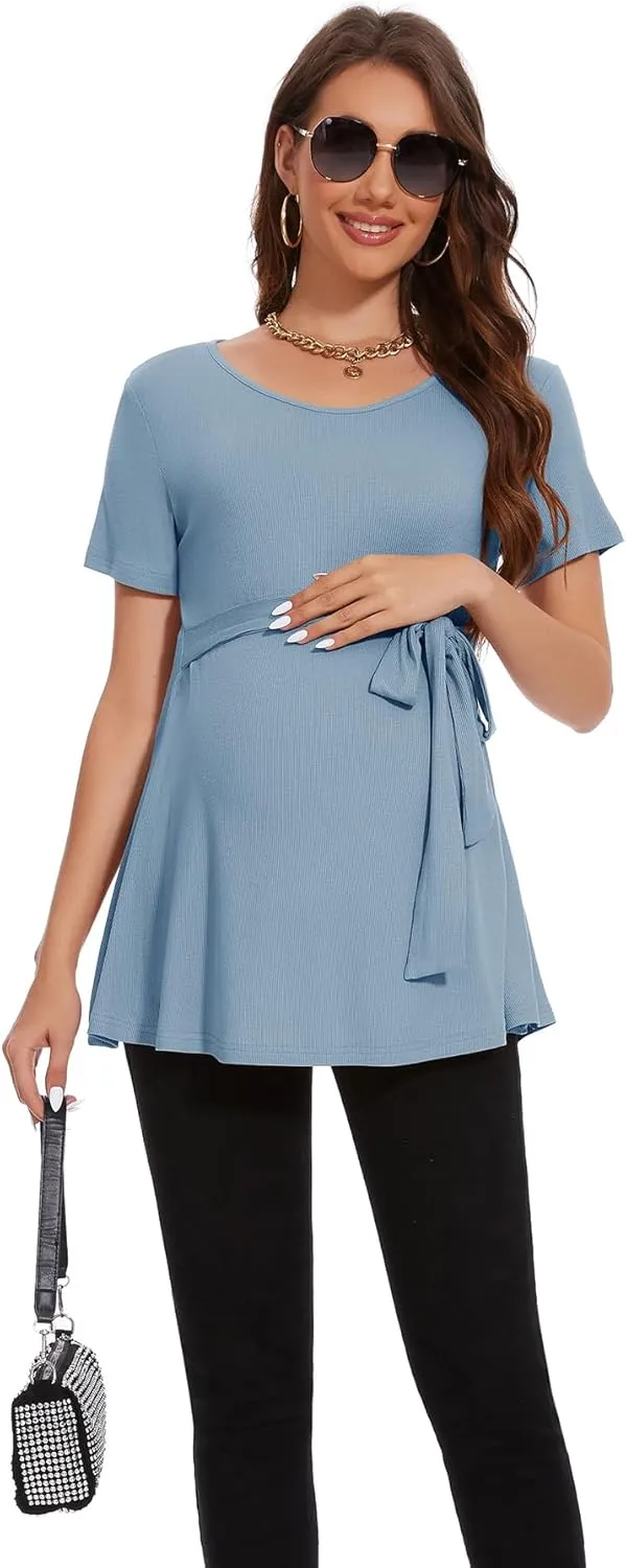 Smallshow Women's Maternity Shirts Tie Front Short Sleeve Pregnancy Tops Clothes