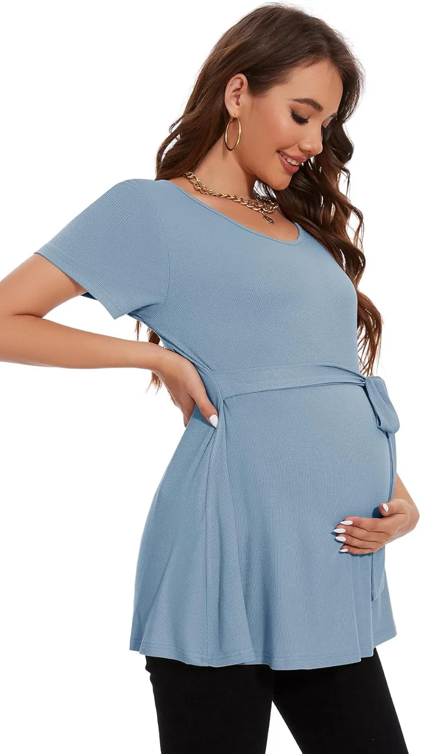 Smallshow Women's Maternity Shirts Tie Front Short Sleeve Pregnancy Tops Clothes