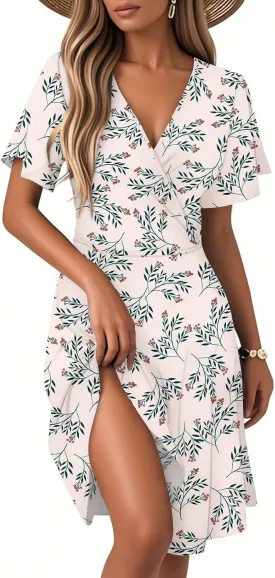 Summer Dress for Women Short Sleeve Wrap Deep V Neck Boho Floral Print Casual Ruffled A-Line Flowy Midi Sundress
