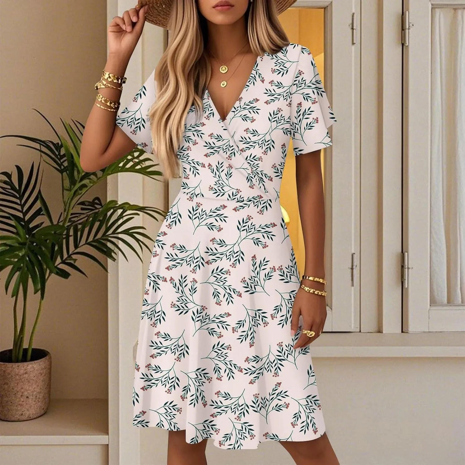Summer Dress for Women Short Sleeve Wrap Deep V Neck Boho Floral Print Casual Ruffled A-Line Flowy Midi Sundress