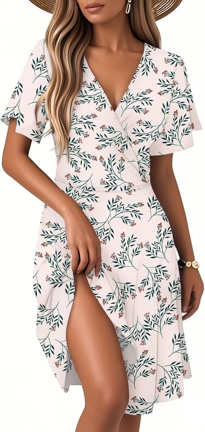 Summer Dress for Women Short Sleeve Wrap Deep V Neck Boho Floral Print Casual Ruffled A-Line Flowy Midi Sundress